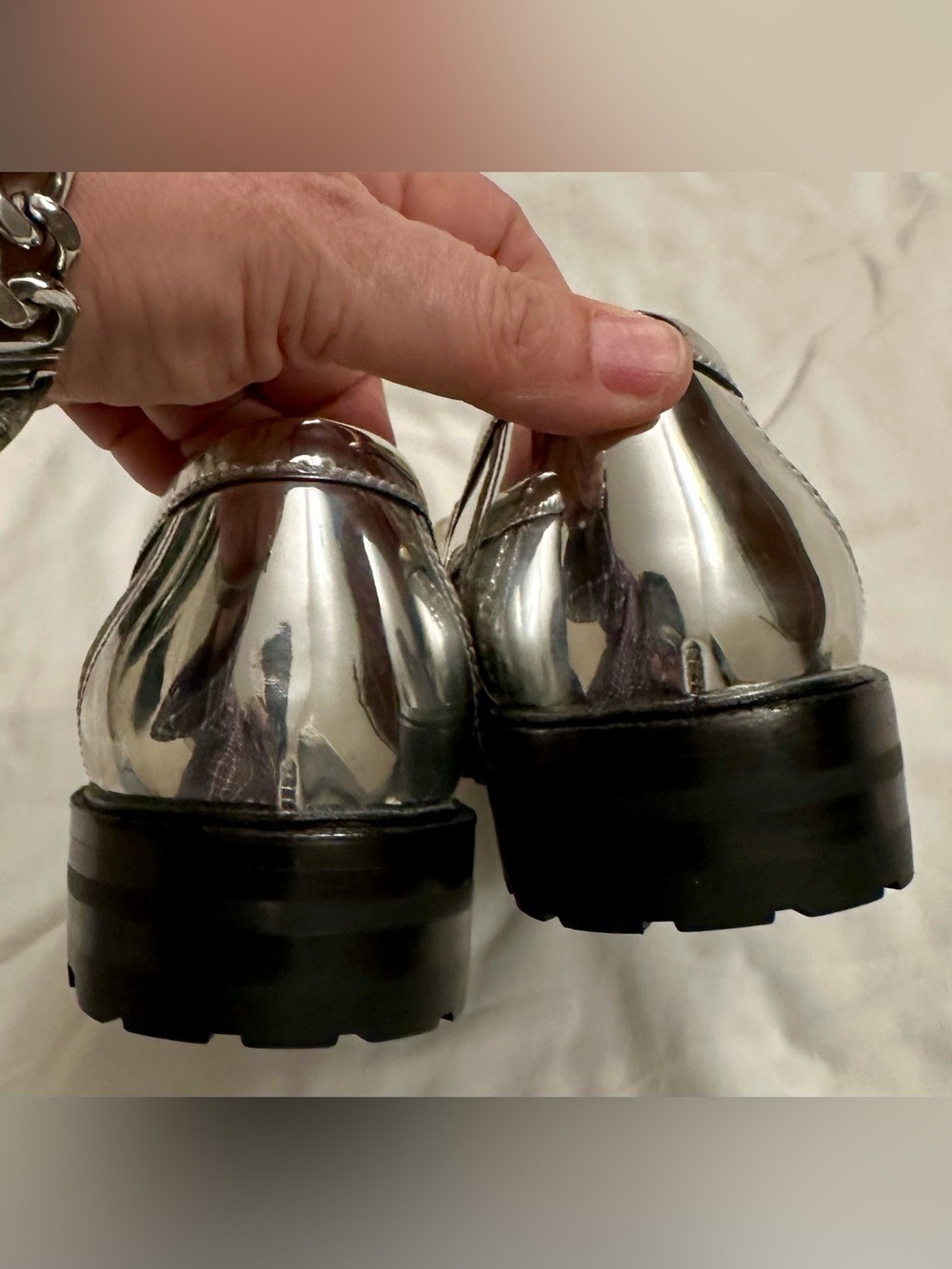 NWOT kate spade Metallic Silver Pearl-Trim Loafers - Picture 13 of 16